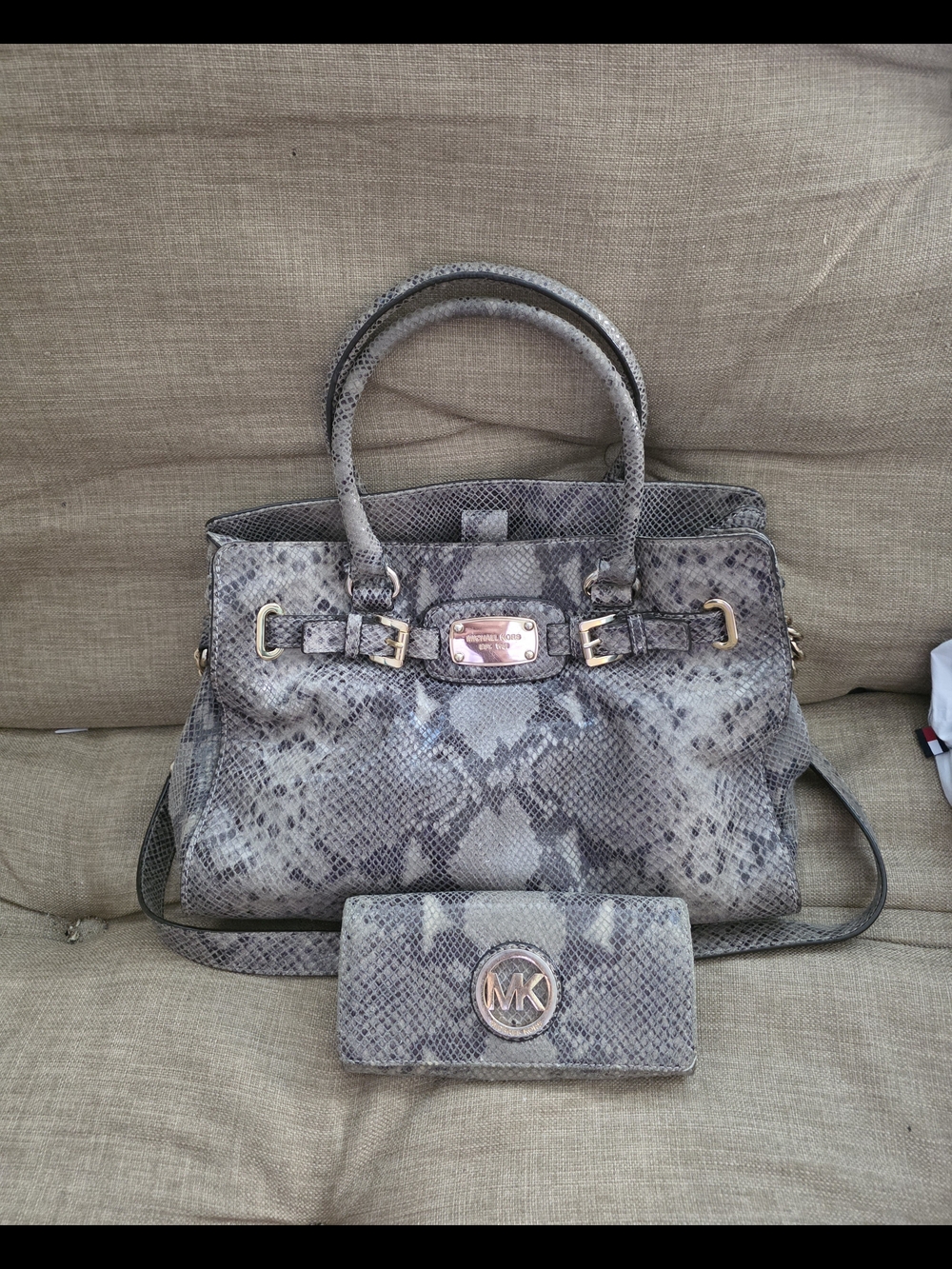 Michael Kors Snake-Print Leather Shoulder Bag with Matching Wallet in Gray